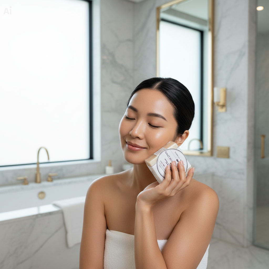 Asian woman with Goat Milk Soap in luxury bathroom