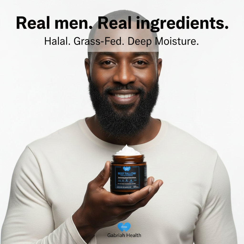 Black man holding Beef Tallow with copy overlay
