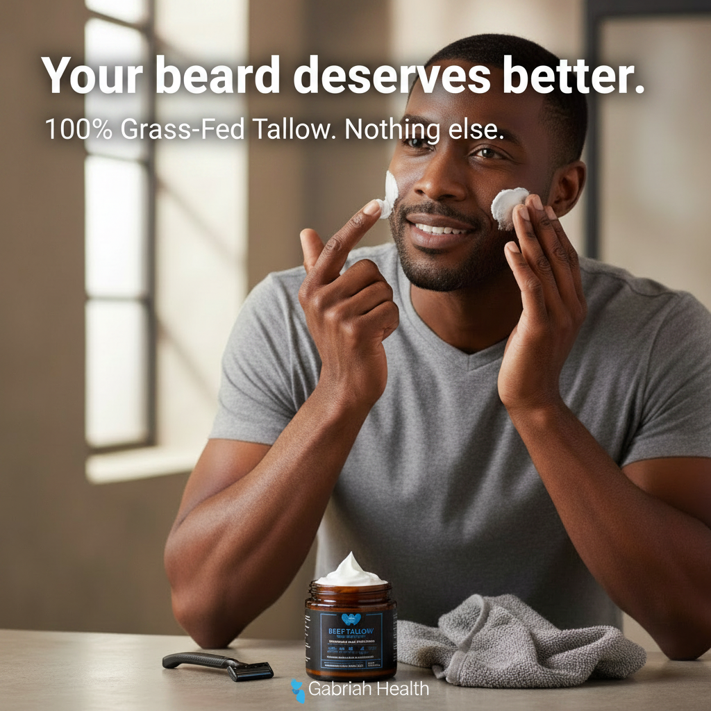 Black man post-shave with Beef Tallow copy overlay