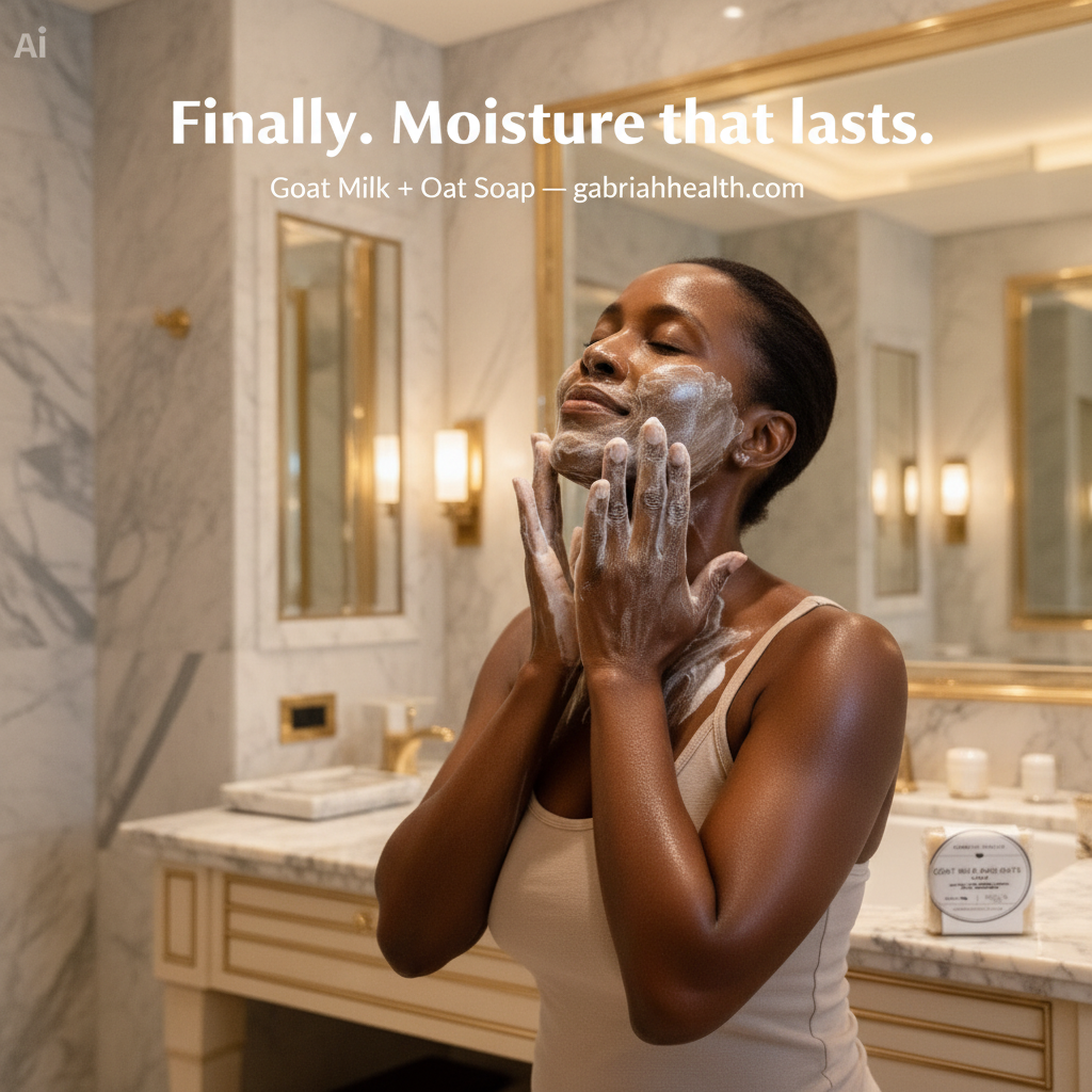 Black woman luxury bathroom with copy overlay
