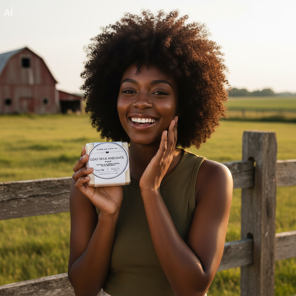Black woman with natural curly afro on farm with Goat Milk Soap