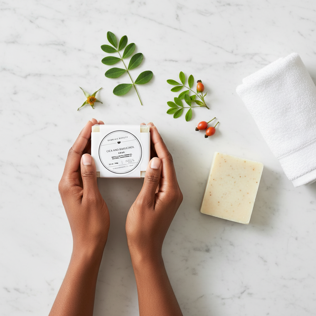 Gabriah Health soap flat lay with Black woman's hands