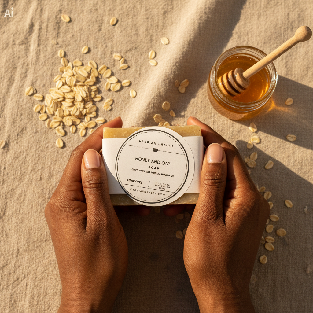 Honey and Oat Soap flat lay with Black woman's hands