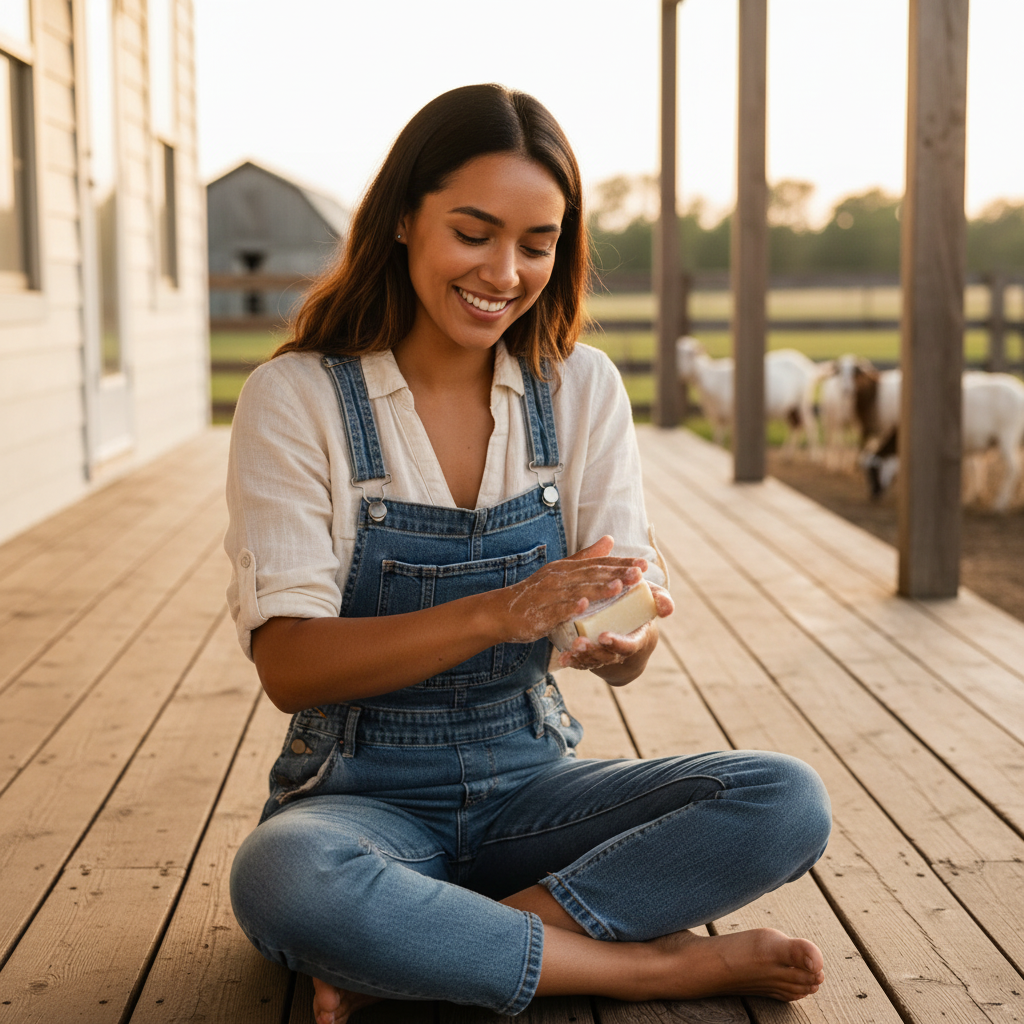 Latina woman with Goat Milk Soap on farm porch